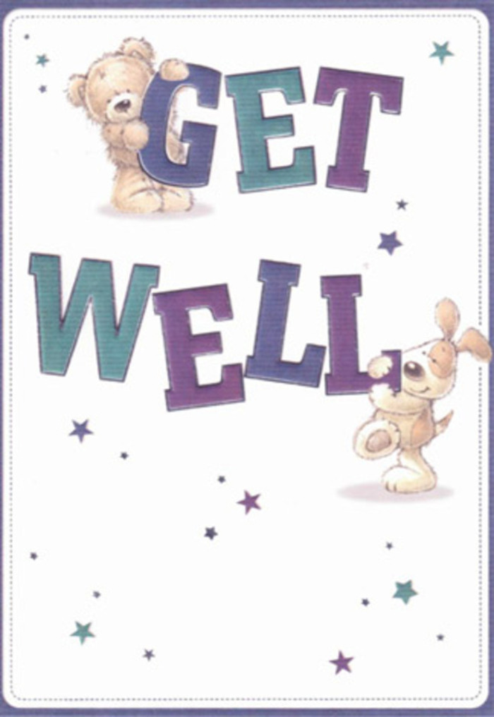A celebration of gentle encouragement bursts forth from this thoughtfully illustrated get well card, with a lovable bear and friendly puppy set in playful harmony. The duo is surrounded by swirling stars, their cheerful forms as familiar and inviting as a stroll through Oxleas Woods in Woolwich. Massive letters in vivid purples and aquas anchor the design, providing a foundation of visible reassurance that all who pass by would recognize. Realistic textures come to life-the bear's soft, inviting fluff and the puppy's velvety, slightly tousled ears-inviting a sense of touch that complements the bouquet you might send from Flowers Woolwich. Subtle light glows across the white background, clarifying every detail and enhancing the uplifting atmosphere. Each brushstroke and colour choice is placed with the sort of attentive care a local florist spends weaving together the perfect arrangement, ensuring comfort and optimism bloom onscreen. The emotional mood is bright yet calming, ideal for cheering up neighbours and friends from Shooters Hill to the Thames. Just as every bouquet is selected for its power to heal and restore, so does this card embody the spirit of Woolwich kindness-a tactile, visually dynamic presentation that brings positivity and heartfelt support to loved ones in need of recovery.
