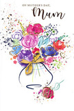 Vibrant Mother's Day card illustration featuring a swirling watercolour bouquet that captures the joyful rush of choosing flowers for Mum after a stroll by the Woolwich riverside. The blooms are suggested rather than tightly drawn: generous strokes of fuchsia, cerise, and rose pink bloom across the centre, surrounded by softer halos of lavender, dusky purple, and calm sky blue. Deep indigo lines and shadows give definition to petals and leaves, while fresh flashes of chartreuse and soft green hint at stems and foliage peeking through. Throughout the bouquet, delicate accents of gold add a gentle sparkle, mimicking the way light touches fresh petals in a local Woolwich flower shop. The flowers appear to spill outward in a loose, joyful spray, with tiny hearts, colourful splatters, and drifting specks echoing the energy of a hand-tied bunch just shaken free. Beneath this flourish of colour, a softly painted vase anchors the scene, its rounded shape and neat golden bow suggesting the careful finishing touch of a ribbon tied before a doorstep delivery. The white background keeps everything airy and bright, allowing the colours to sing and the emotion to shine through. The overall effect is of a card that feels like a warm embrace - a painted bouquet that speaks of thanks, comfort, and the everyday love shared in homes across Woolwich on Mother's Day.