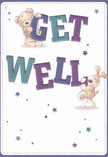 The cheerful spirit of Woolwich pulses through this uplifting get well card, where two delightful characters-a cuddly teddy bear and a sprightly puppy-dance around the robust, hand-lettered message at its centre. Each holds or leans into the vibrant text, their playful poses radiating warmth and optimism as brightly as the morning sun reflects off Woolwich Arsenal's historic stones. The words 'Get Well' stand out in striking indigo and teal against a creamy backdrop, their friendly curves and lively brushwork reminiscent of hand-painted signs seen in local shops. Scattered stars in moody blues and purples twinkle across the expanse, conjuring a sense of magical possibility and encouragement. The bear's illustrated fur and puppy's floppy ears have a softness so vivid it seems you could reach out and feel their comfort, just as a fresh bouquet brightens a friend's day. The overall composition offers more than a simple get well wish; it brings an emotional salve, drawn from the heart of Woolwich, crafted with care and compassion. This card is the perfect local gesture to accompany a bouquet, filling any room with the light of hope and the promise of recovery.